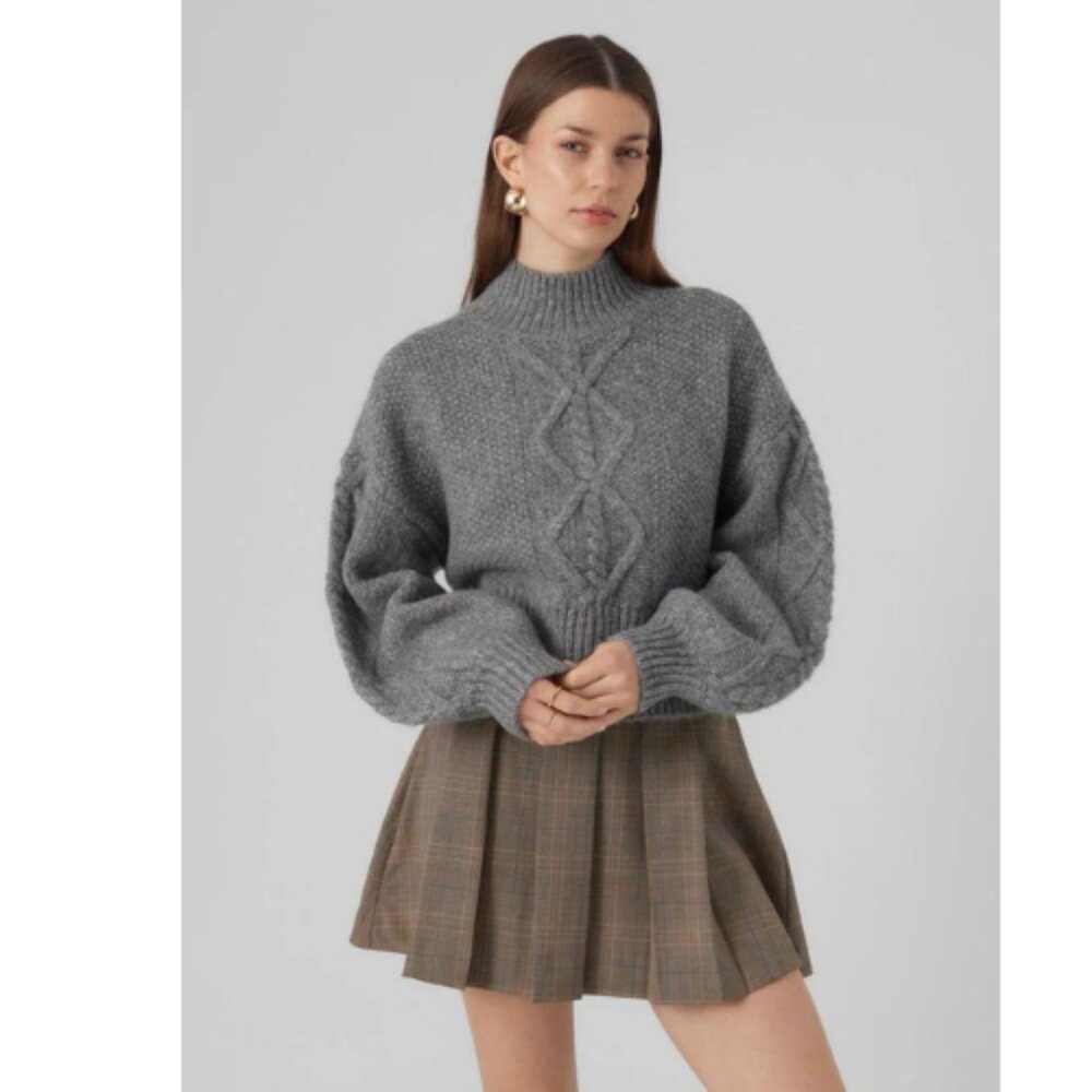 Vero Moda Gray Vmremain Melange Balloon Sleeves High Neck Sweater Size Large